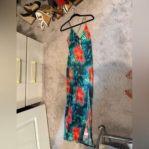 Fashion Nova Teal Maxi Dress with Red Floral Print